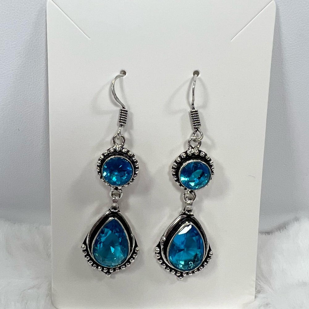 Blue Topaz Synthetic Gemstone 925 Earrings